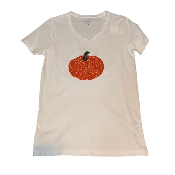 NWT J.Crew Factory XS Pumpkin Sequin Graphic Tee White Fall Cotton - Picture 1 of 4
